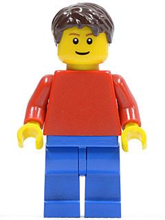 LEGO Minifigure-Plain Red Torso with Red Arms, Blue Legs, Dark Brown Short Tousled Hair-Town-GAME008-Creative Brick Builders